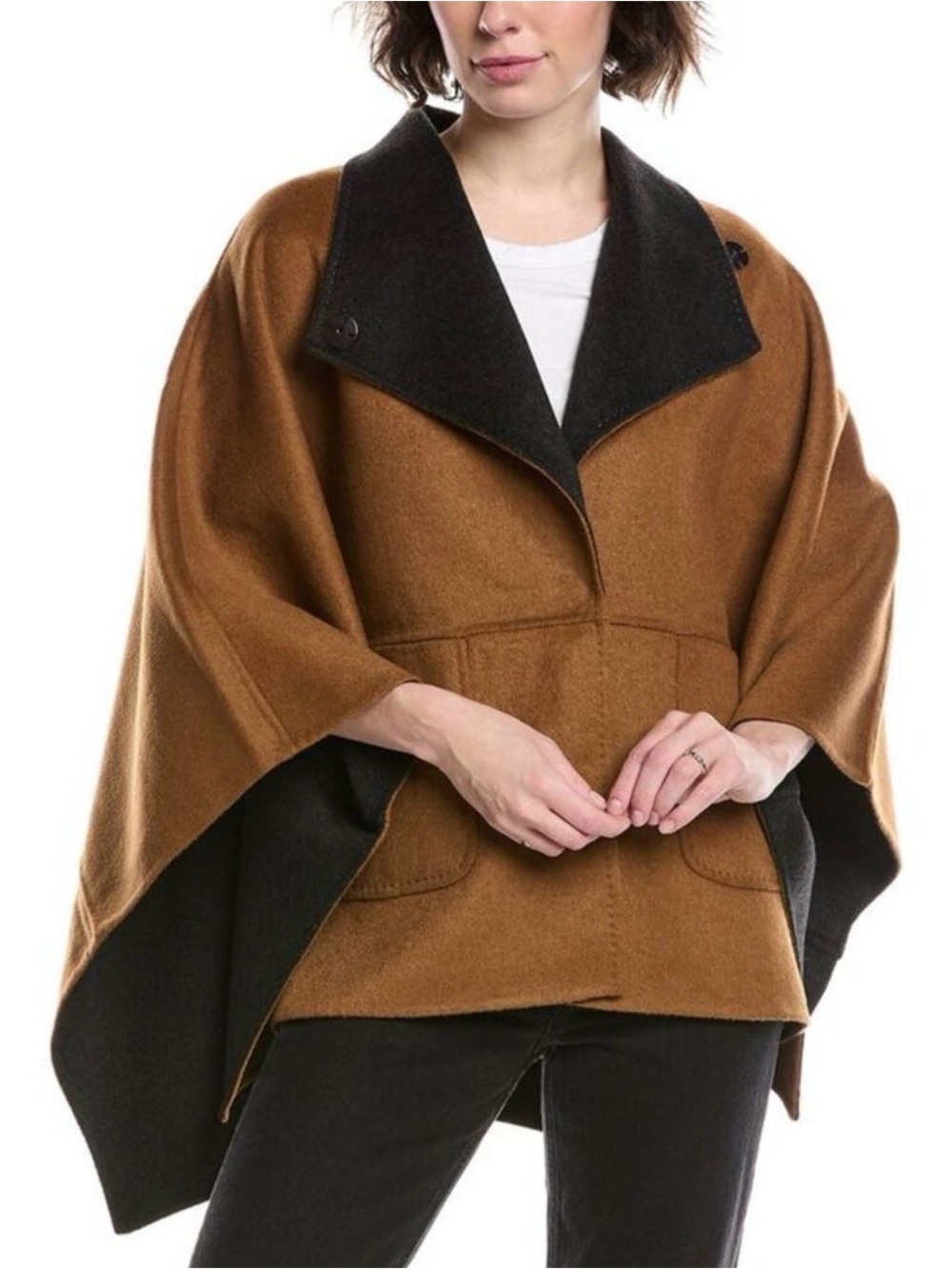 CAbi Good Hope Reversible Camel and Black Wool Blend Cape. Size XS/S